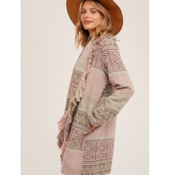 New Western Fringe Sweater Coat Southwest Boho Long Cardigan, Cowichan Vtg - Picture 3 of 10
